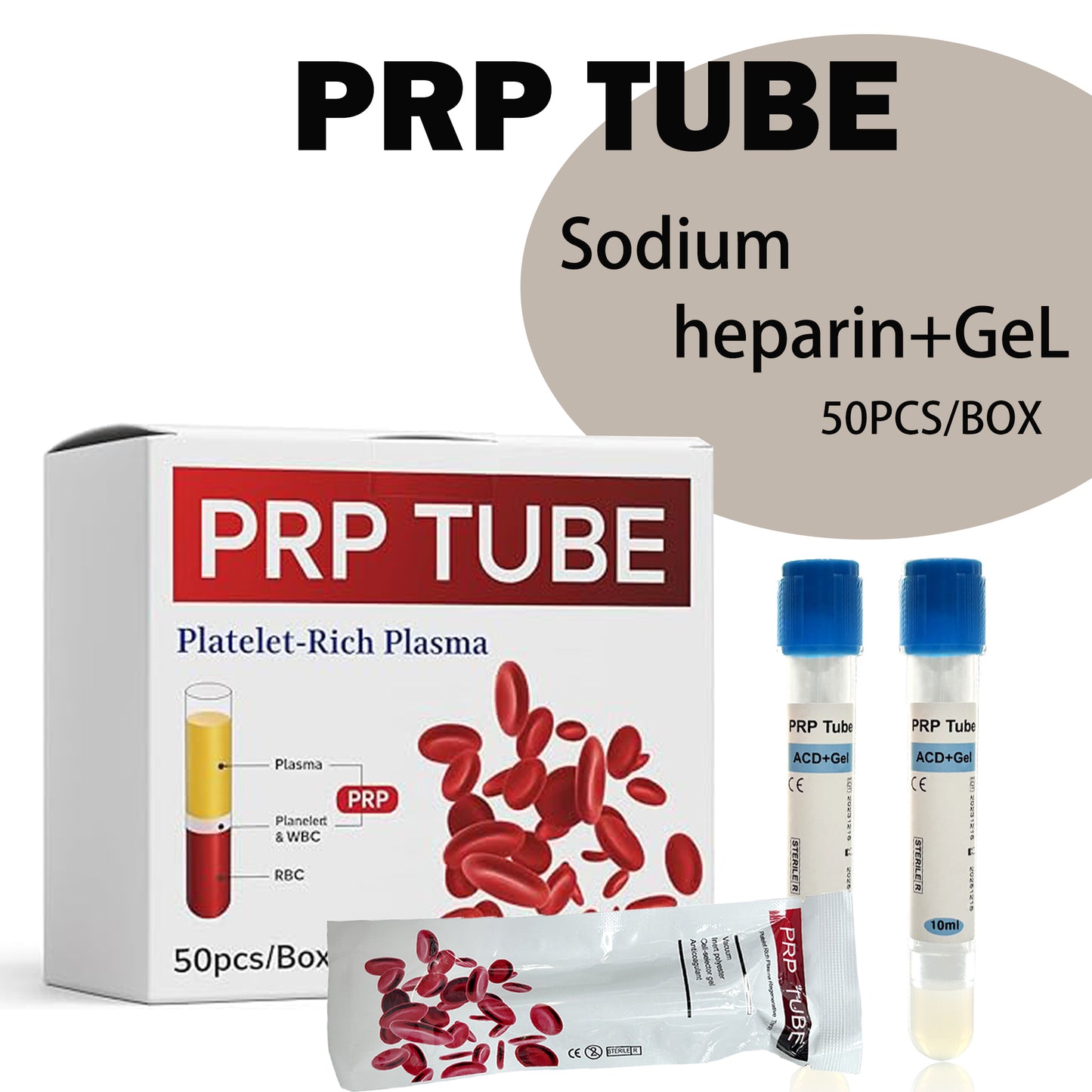 PRP Tube Sodium Heparin+Gel 8ml/10ml (50 Tubes/Box)